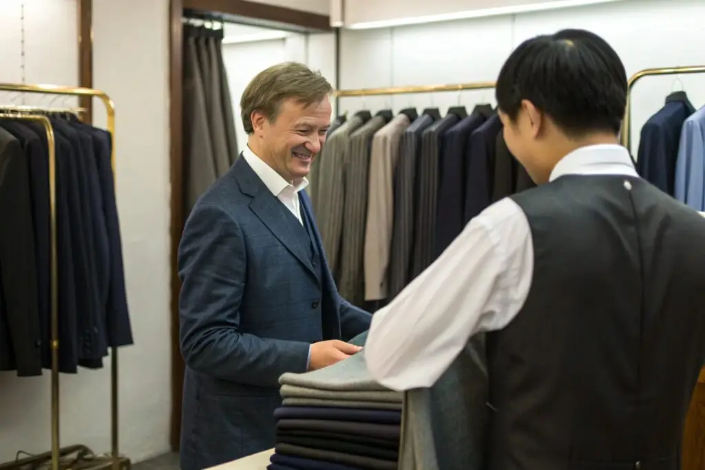 Western customer picking up tailored suits in a clothing store