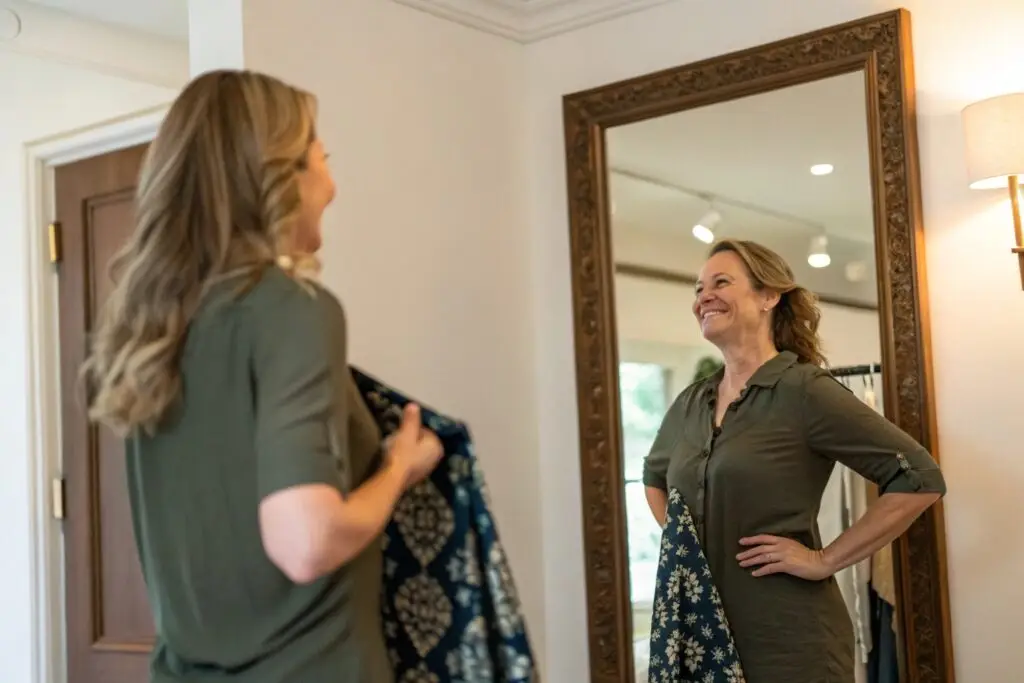 Western customer trying on dress in store mirror