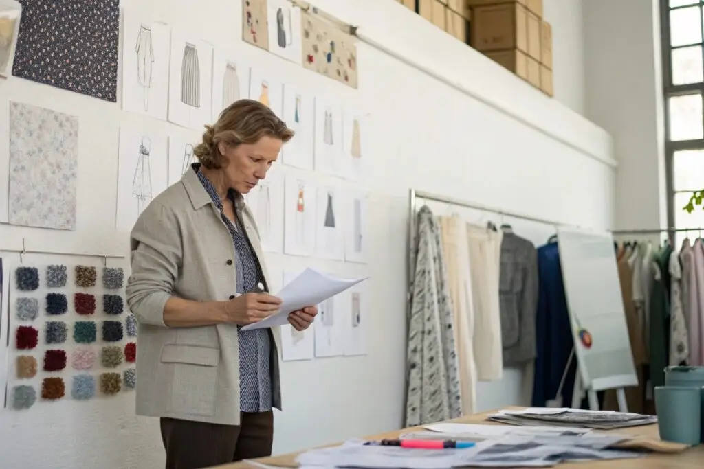 Western entrepreneur brainstorming fashion designs in a studio