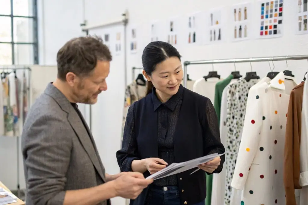 Western fashion brand owner and designer discussing designs