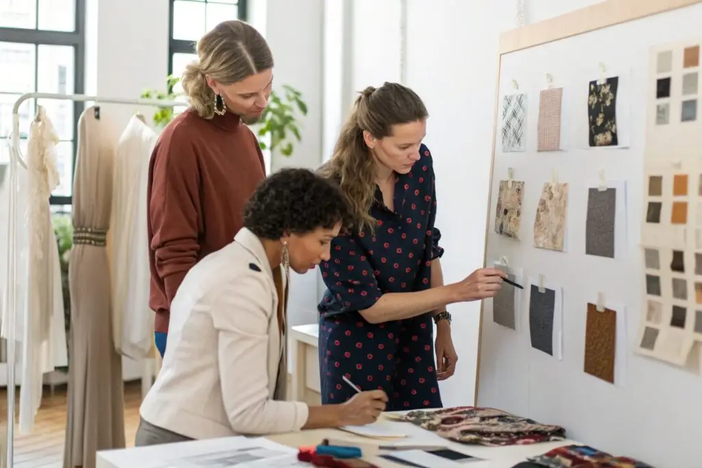 Western fashion brand team discussing fabric swatches and designs in studio