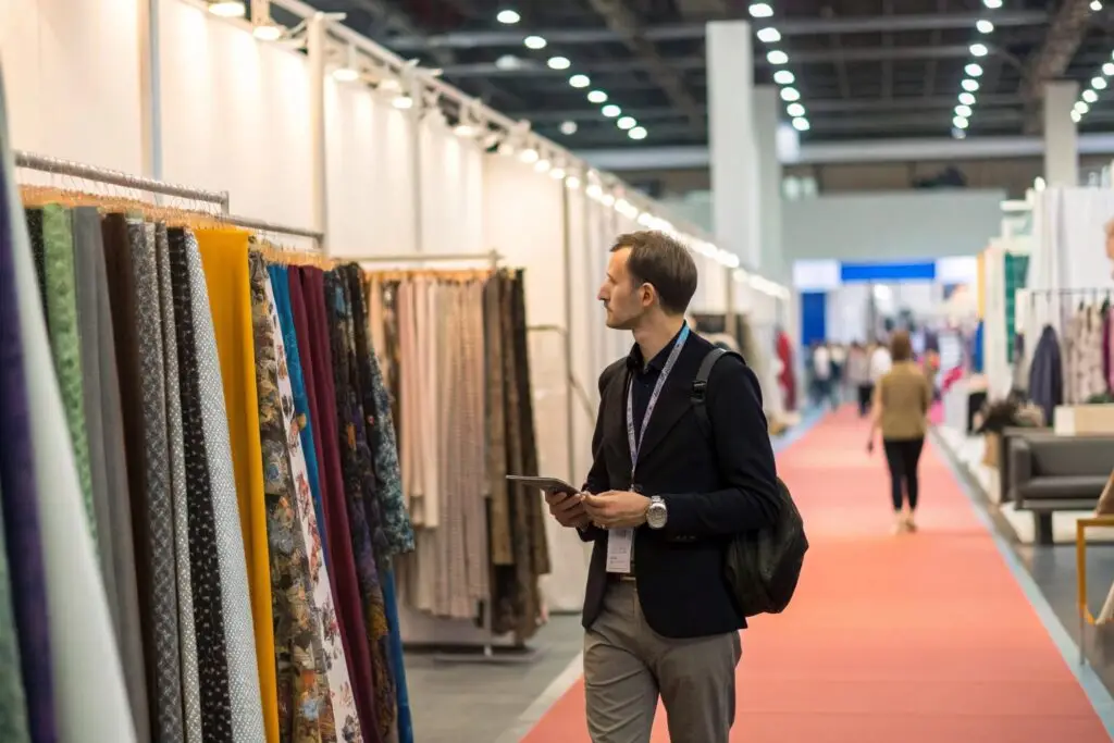 Western fashion buyer exploring fabric samples at an exhibition
