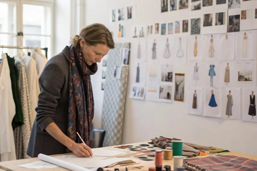 Fashion designer working on clothing sketches with fabric samples and mood boards