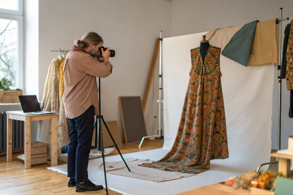 Western fashion designer photographing a dress in a studio