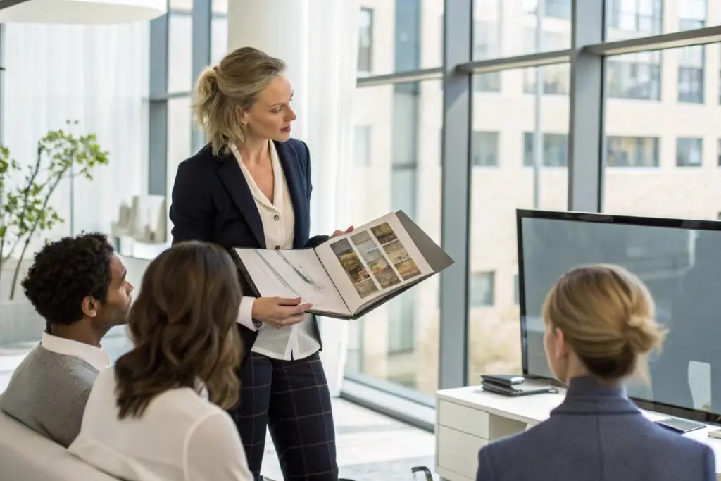 Western fashion designer presenting designs to a group