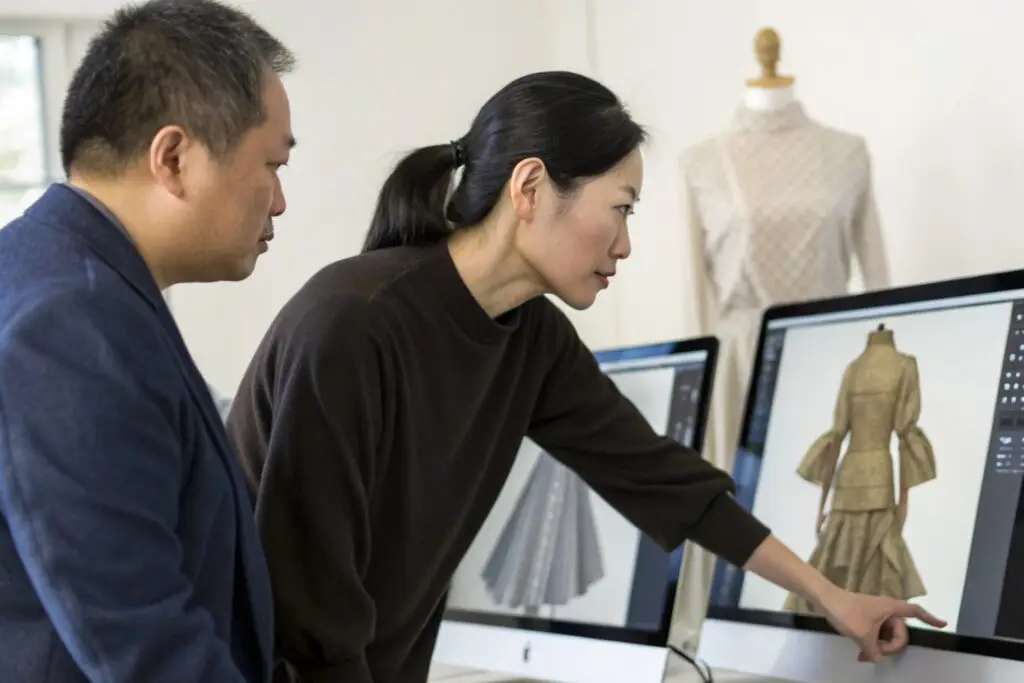 Fashion designers reviewing a dress design on a computer