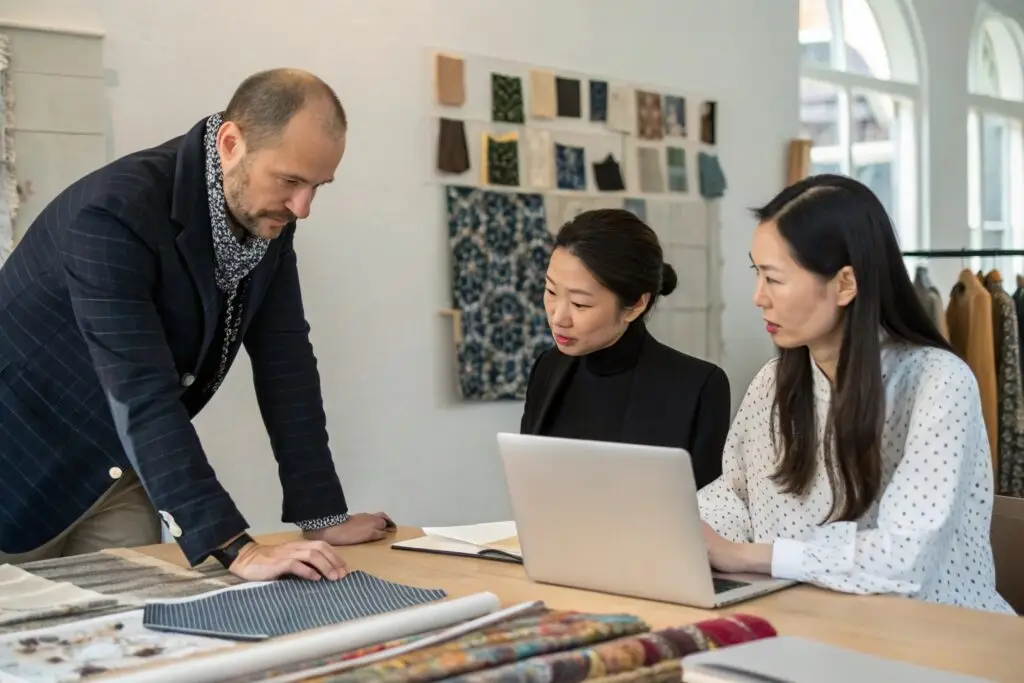 Western fashion designer team discussing fabric samples