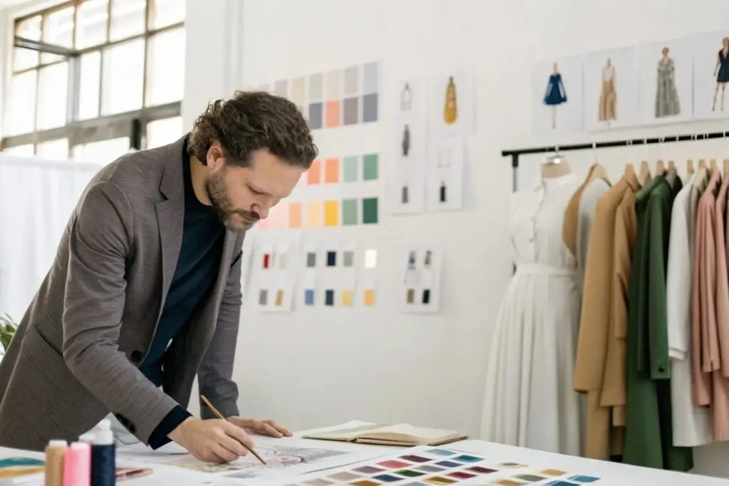 Fashion designer working on clothing sketches in studio with color swatches and designs