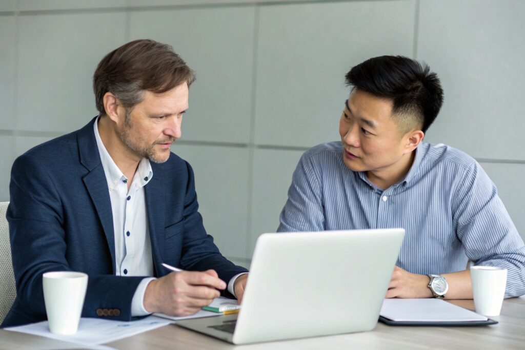 Business discussion between a Western entrepreneur and a Chinese partner over a laptop