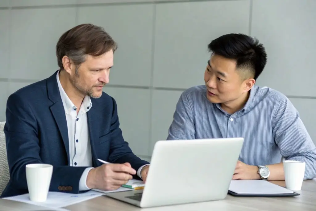 Business discussion between a Western entrepreneur and a Chinese partner over a laptop