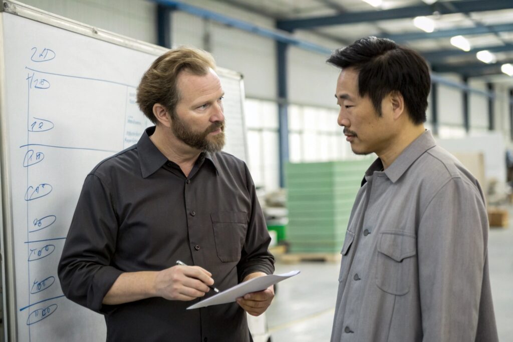Business discussion between a Western entrepreneur and a factory manager in a production facility