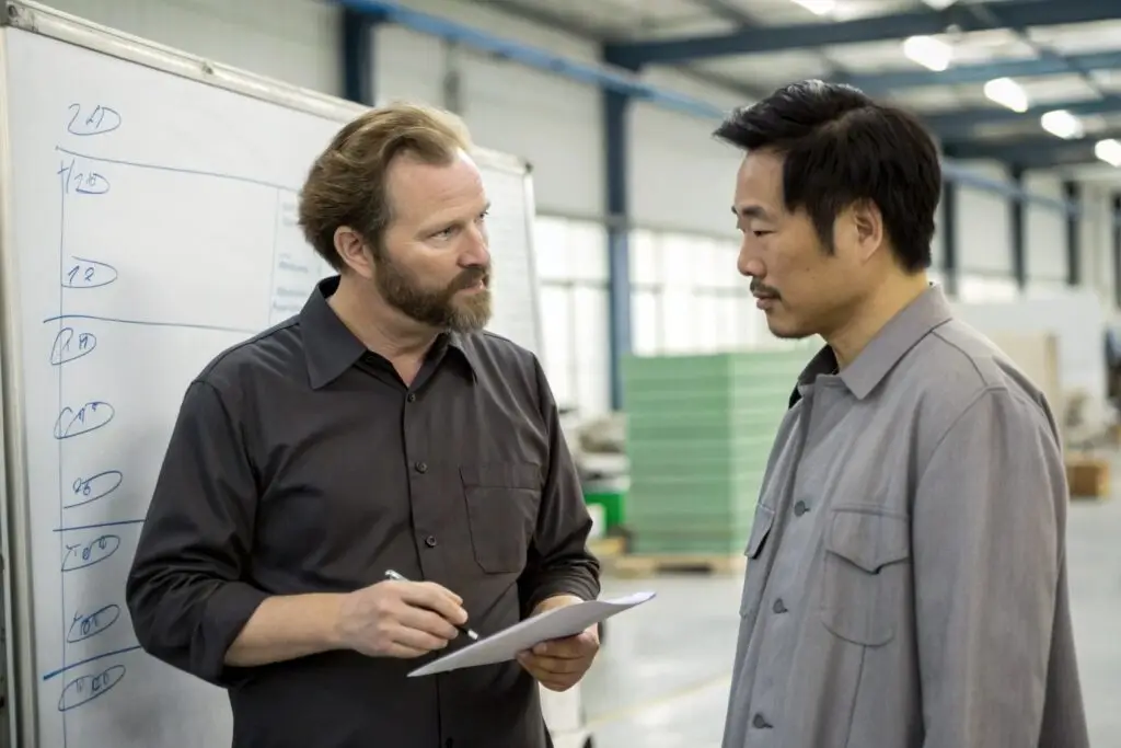Business discussion between a Western entrepreneur and a factory manager in a production facility
