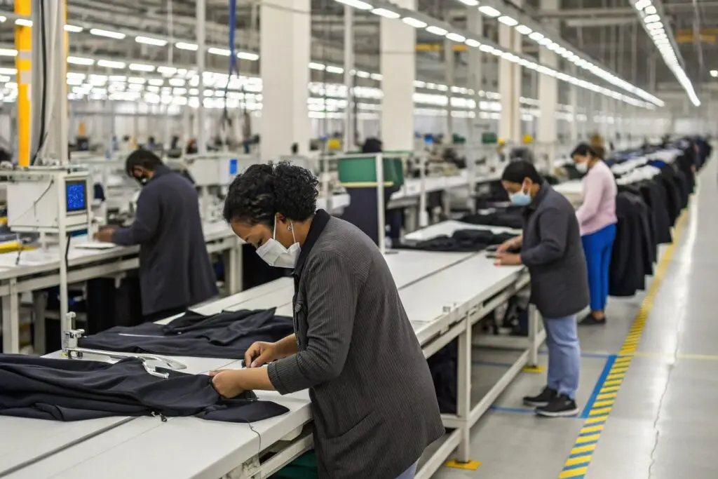 Workers inspecting garments in a factory production line
