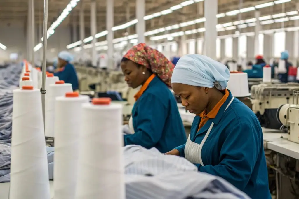 Workers at a textile manufacturing facility sewing garments in a factory