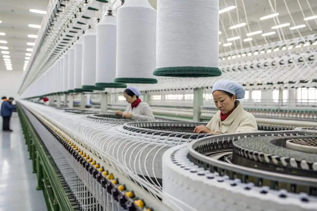 Automated knitting machines being operated by workers in a factory