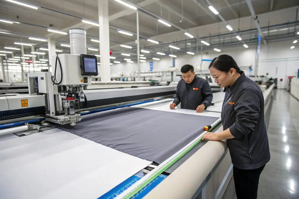 An automated system cutting fabric in a modern clothing factory