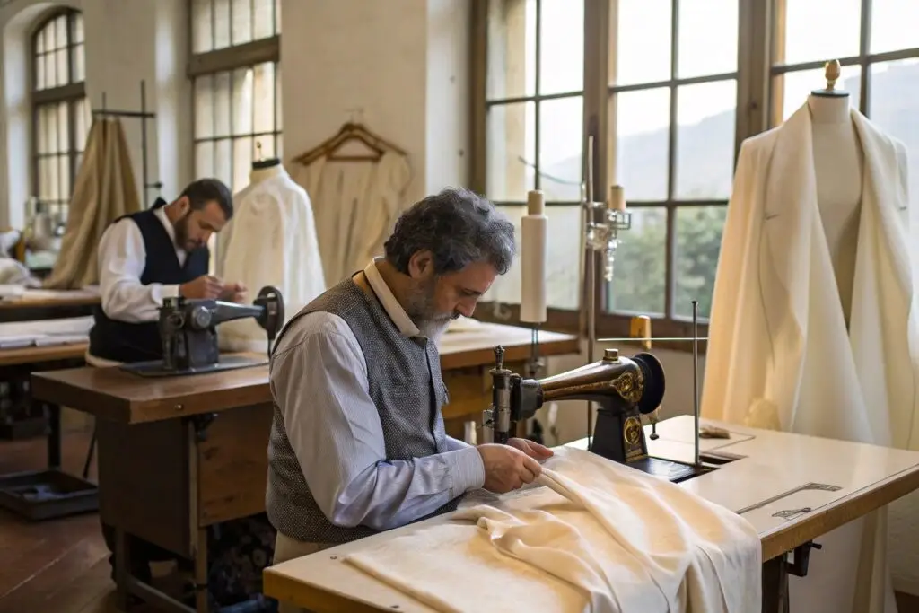 Italian artisans sewing high-end garments in a workshop