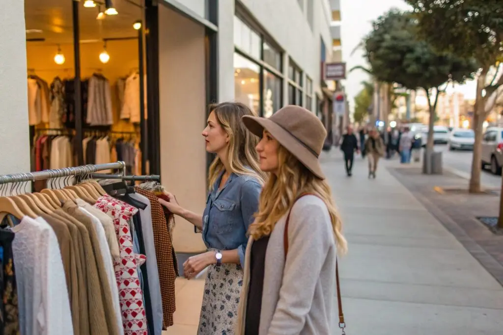 Casual Western shoppers browsing clothing at an outdoor store