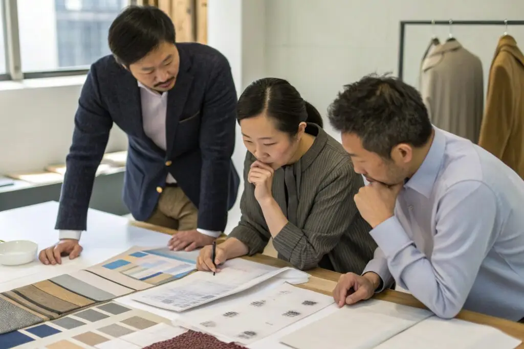 Design team discussing fabric and patterns