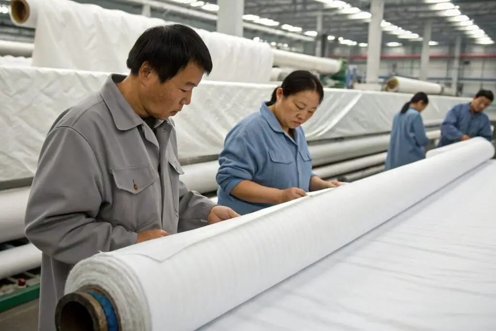 Workers inspecting fabric rolls in a factory
