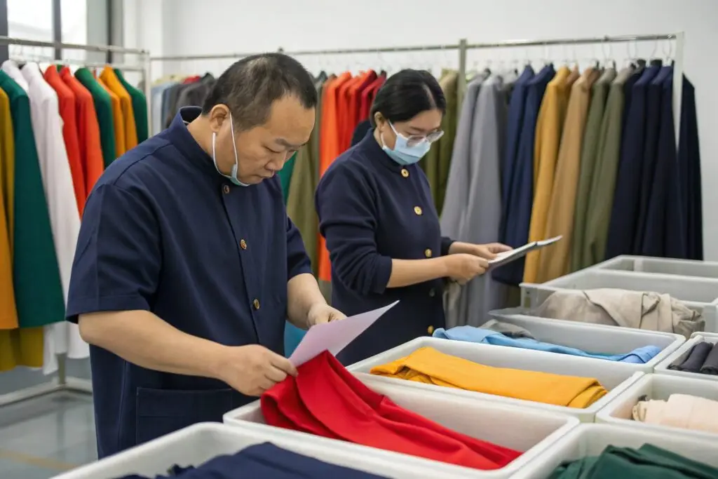 Workers inspecting fabric samples in a factory