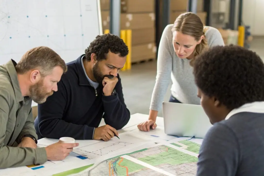 Nike logistics team analyzing supply chain maps in warehouse