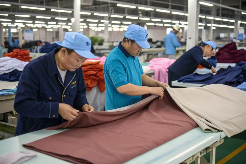 Workers in a clothing factory folding fabrics
