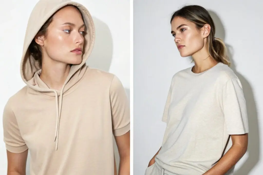 Split-screen comparison of two models wearing beige casual hoodies and t-shirts