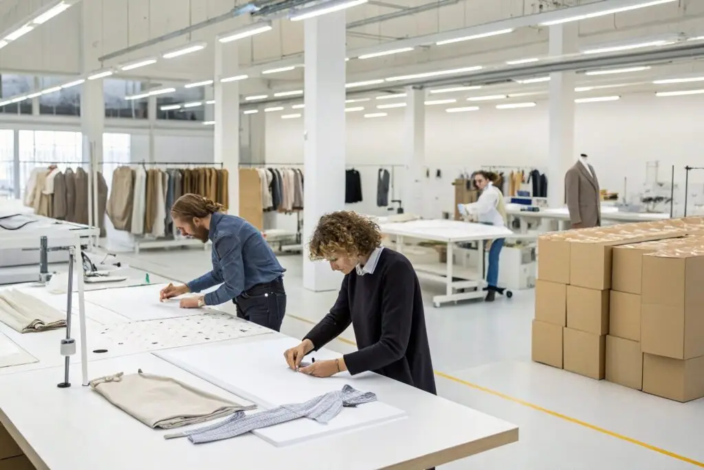 Streamlined fashion production process with workers preparing garments
