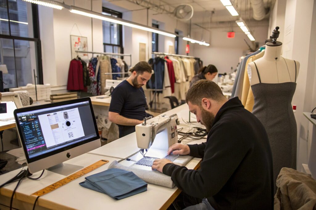 Designers working in a fast-paced NYC fashion studio with sewing machines and computers