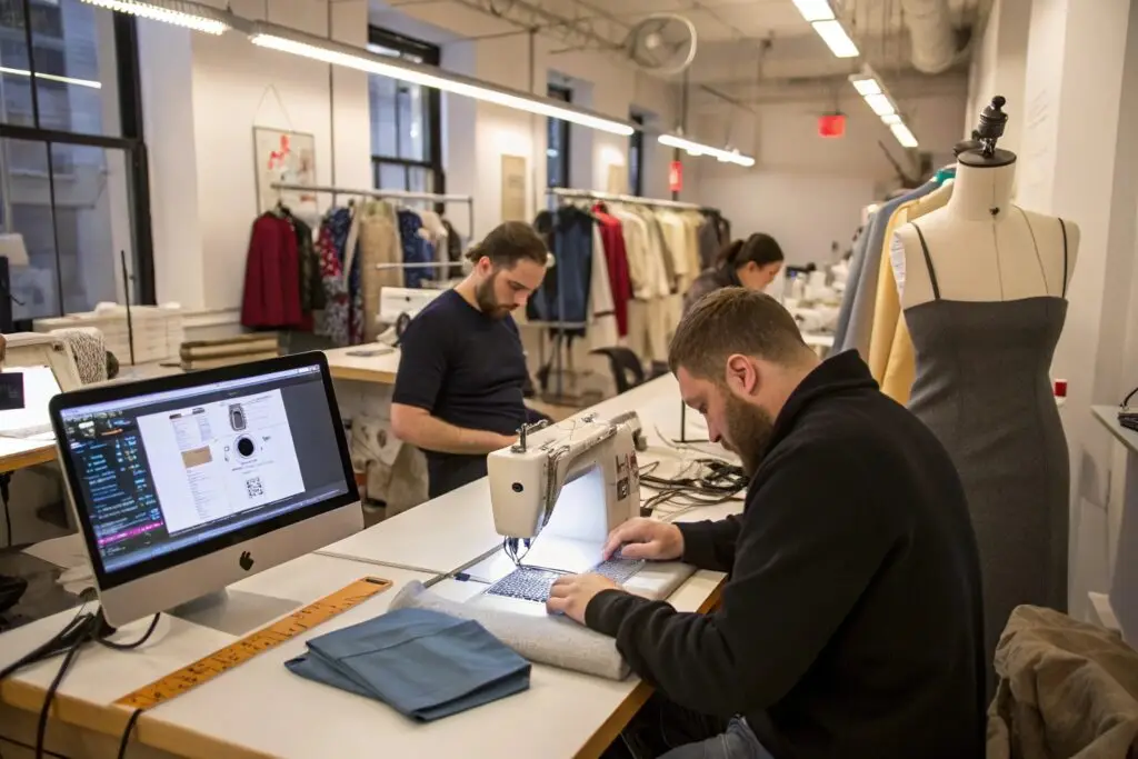 Designers working in a fast-paced NYC fashion studio with sewing machines and computers