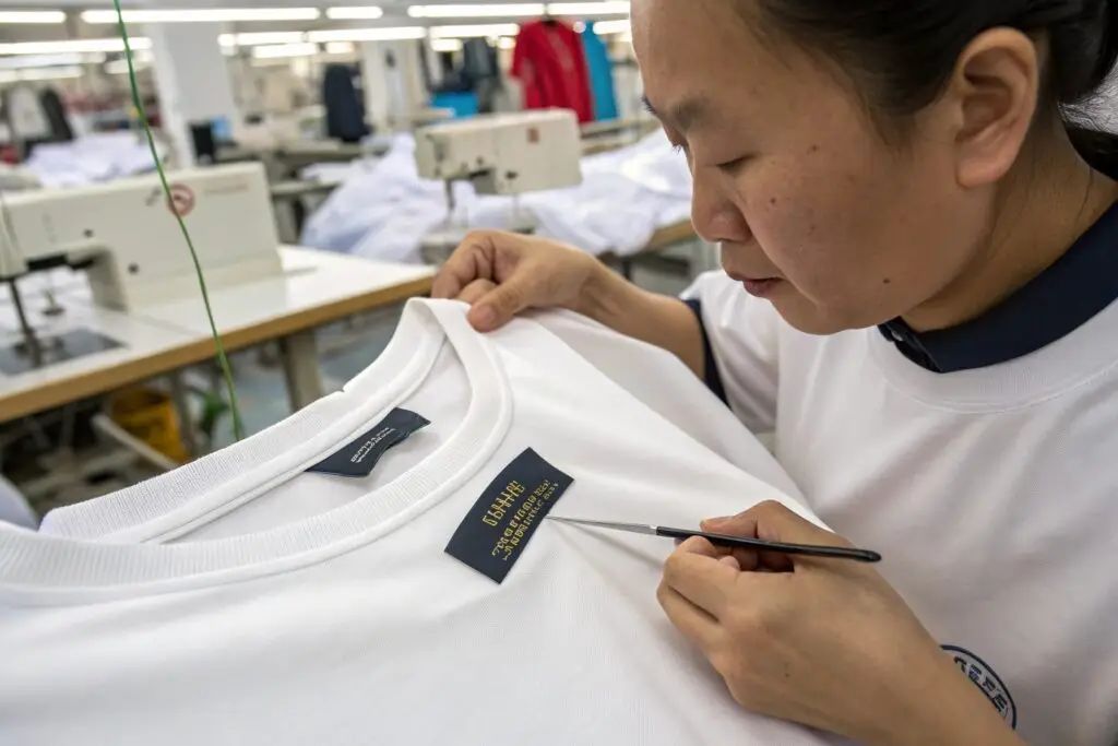 Chinese factory worker inspecting garment label closely