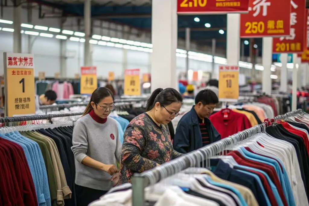 Shoppers browsing racks at a busy wholesale clothing market in China