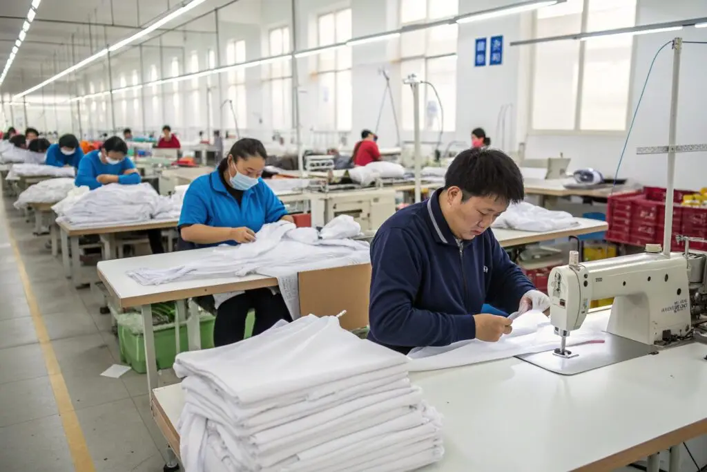 Chinese garment workers sewing clothes in factory