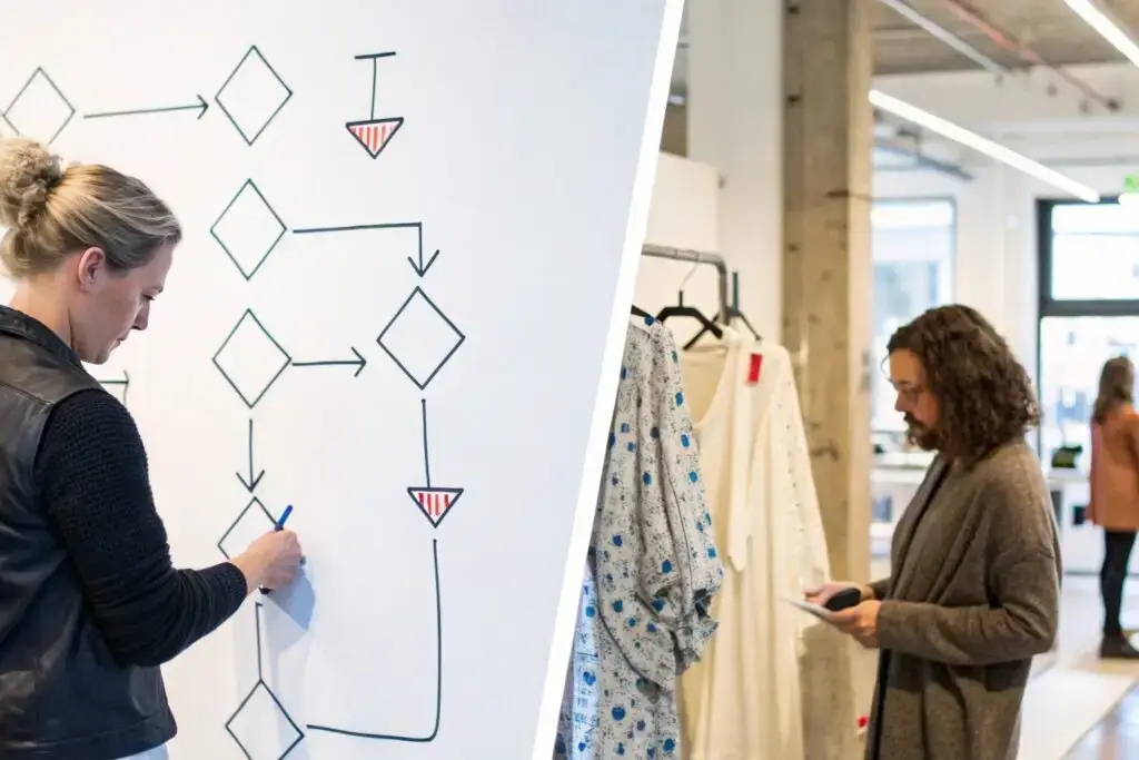 Split scene of fashion workflow planning and buyer checking garments