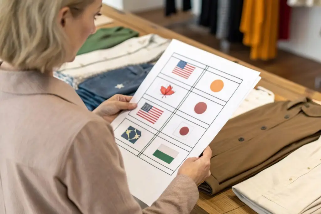 Western buyer reviewing country flags for global fashion sourcing
