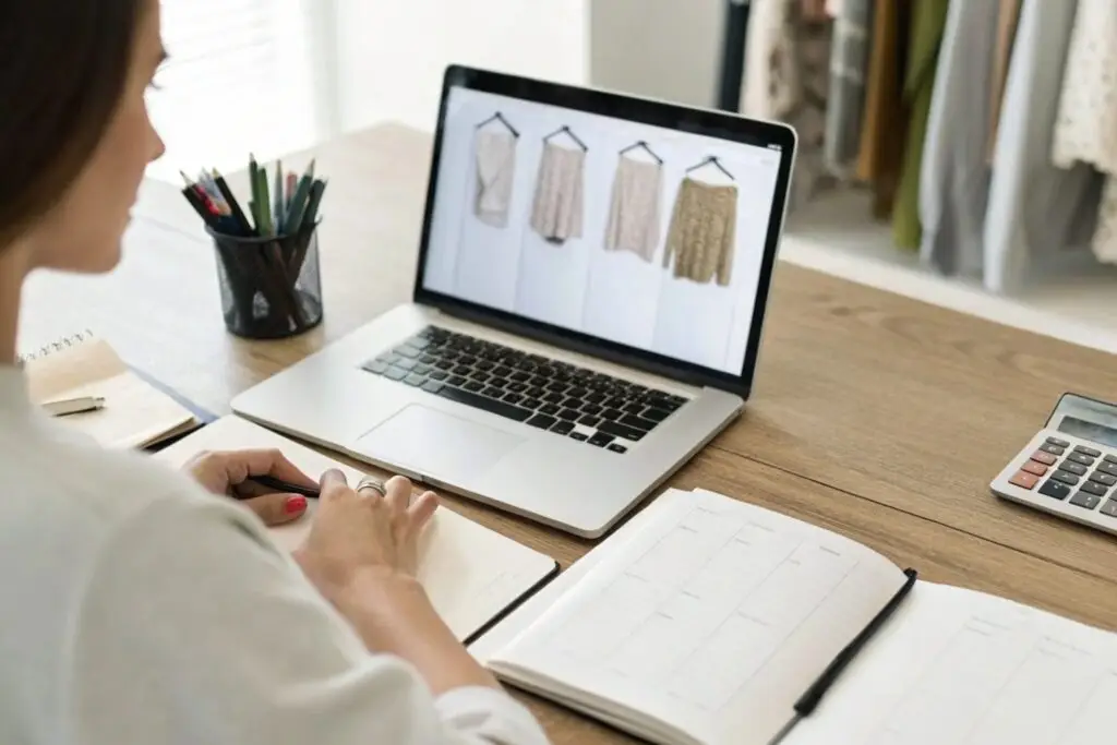 boutique buyer reviewing product images on laptop while taking notes