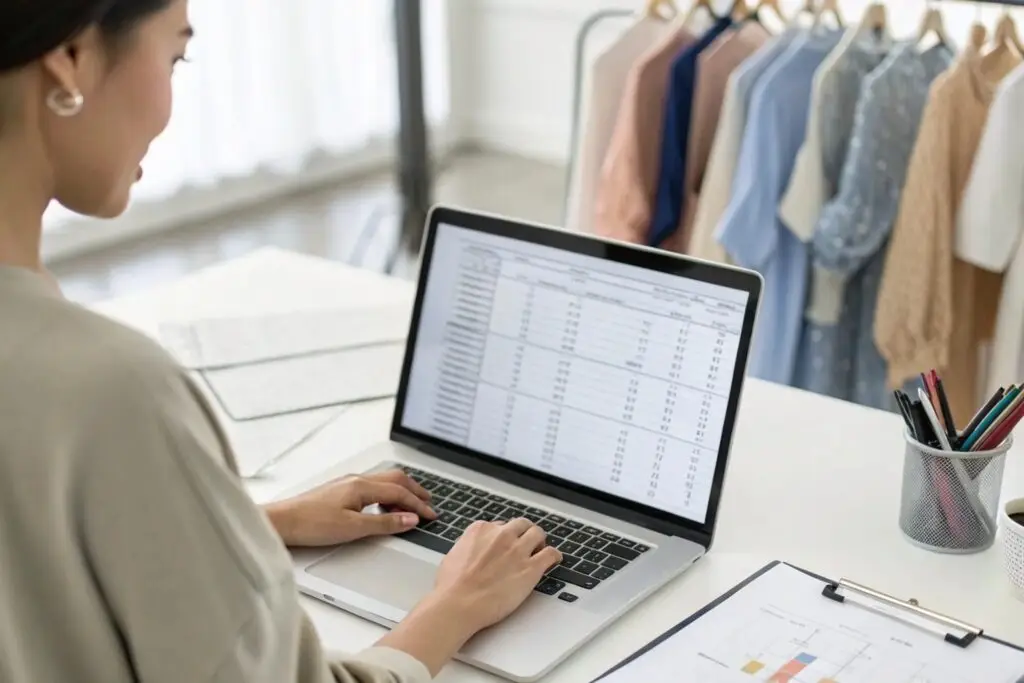 boutique buyer analyzing garment order data on laptop spreadsheet