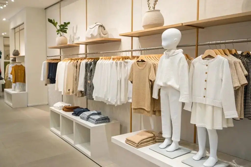 boutique kidswear display with mannequins in cozy cotton outfits