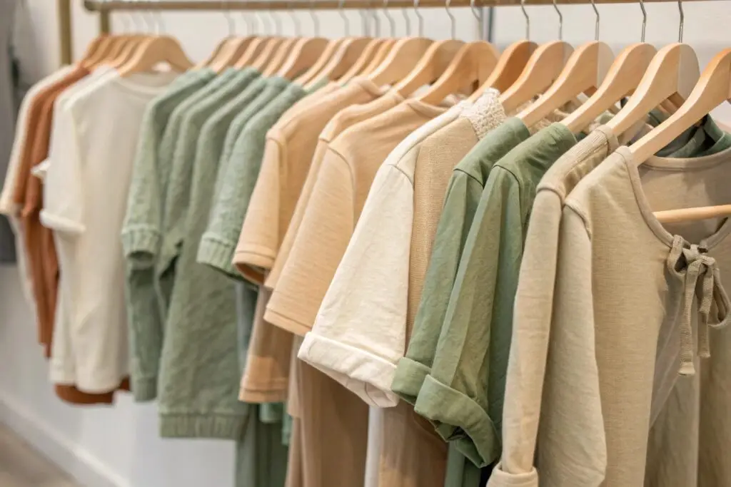 rack of neutral tone kidswear tops in soft cotton fabrics