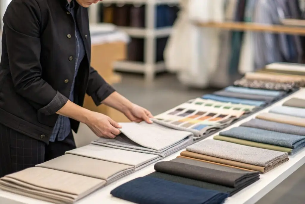 fabric samples selection for garment production, buyer checking textile quality