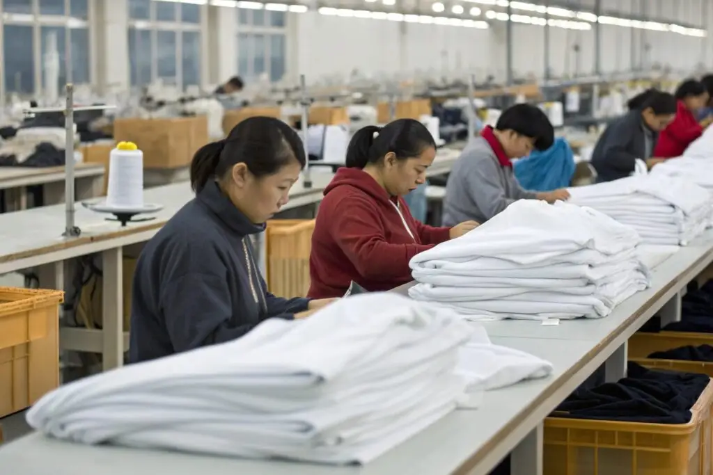 Chinese garment workers inspecting white clothing
