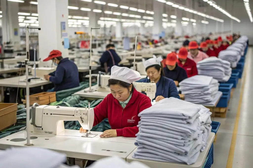 Chinese clothing workers sewing garments in large factory