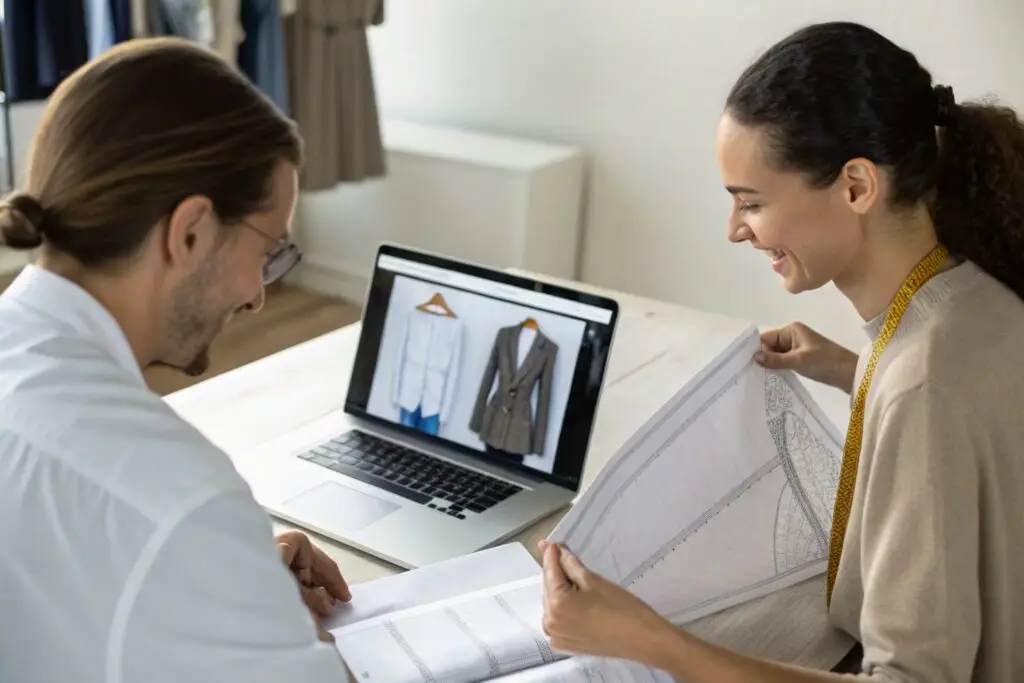 buyer and supplier discussing garment patterns and digital samples