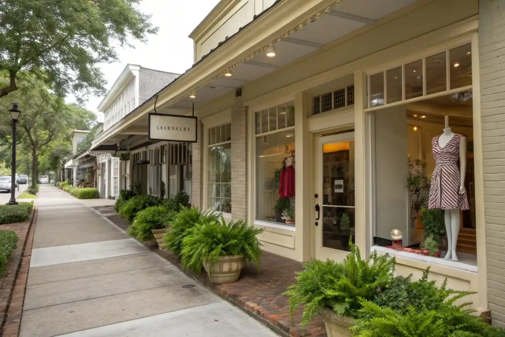 Charming boutique storefront with dress display and greenery