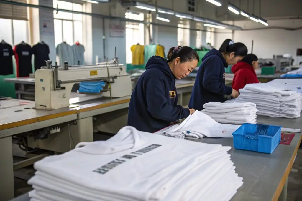 Chinese garment workers folding white T-shirts in factory