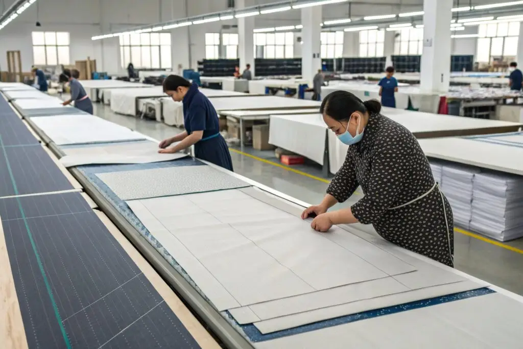 Chinese garment workers arranging fabric layouts to reduce waste