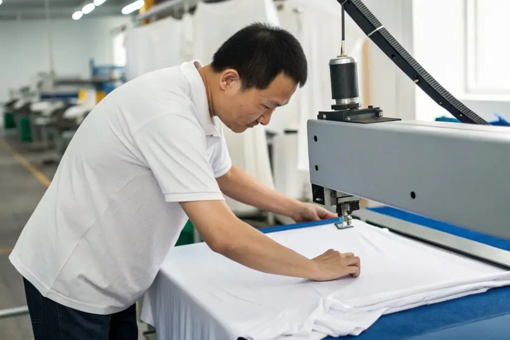 Chinese factory worker operating machine on white t-shirt