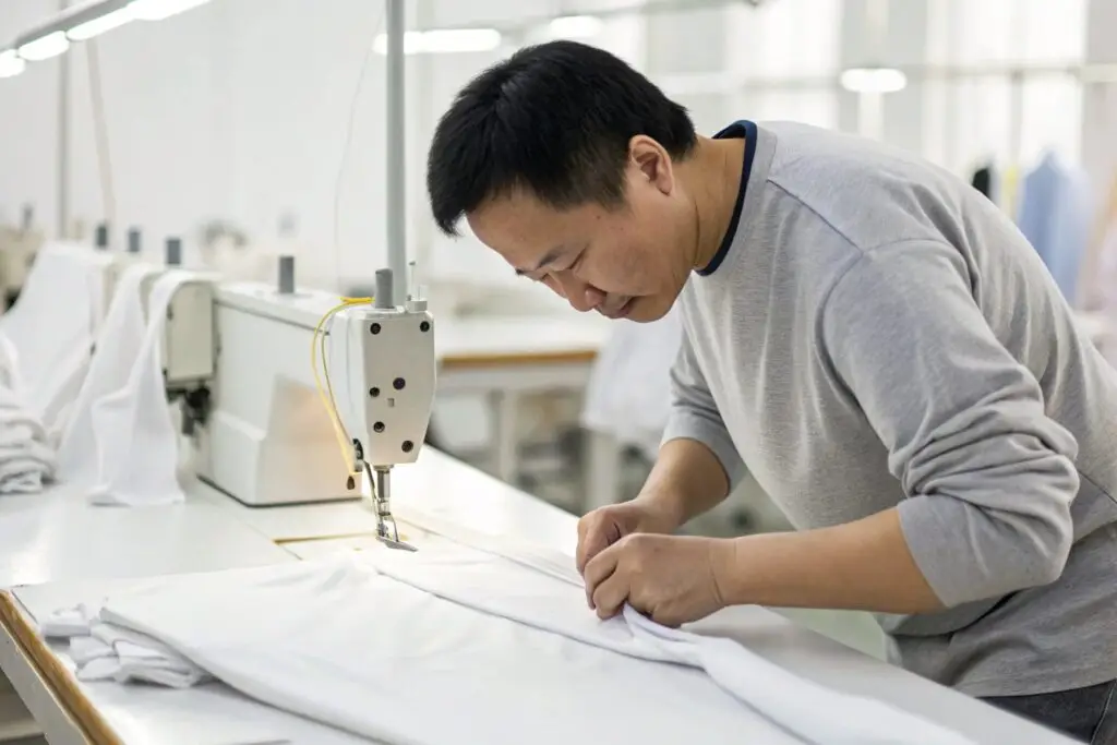 Chinese worker sewing white garment in factory