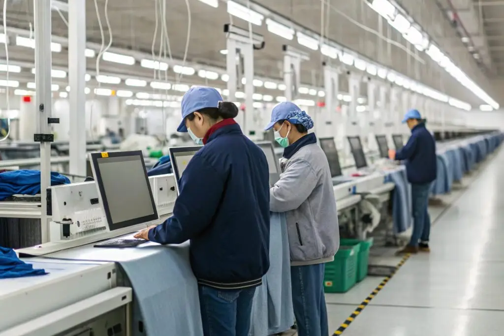 Workers using computers for garment production management in Fumao factory